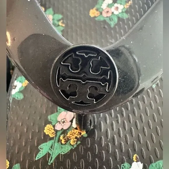 Tory Burch Black Floral Wedge Flip Flops